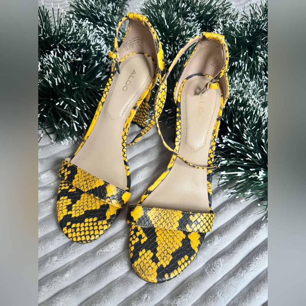 Aldo Vibrant Yellow and Black Snake Print Heels